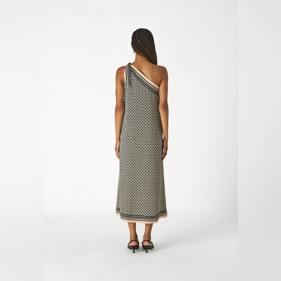 Abercrombie & Fitch One Shoulder Scarf Bow Midi Dress Black White Size Large EUC - Picture 3 of 14